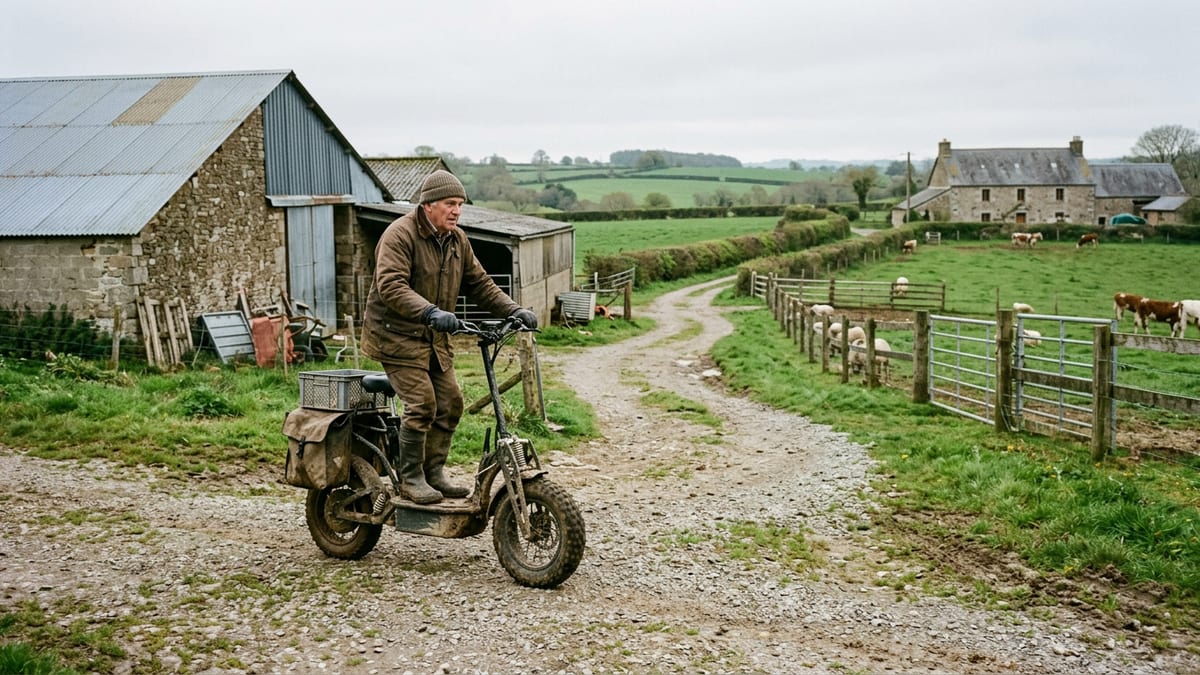 Agriculteur circulant en trottinette électrique à grandes roues entre les bâtiments de sa ferme